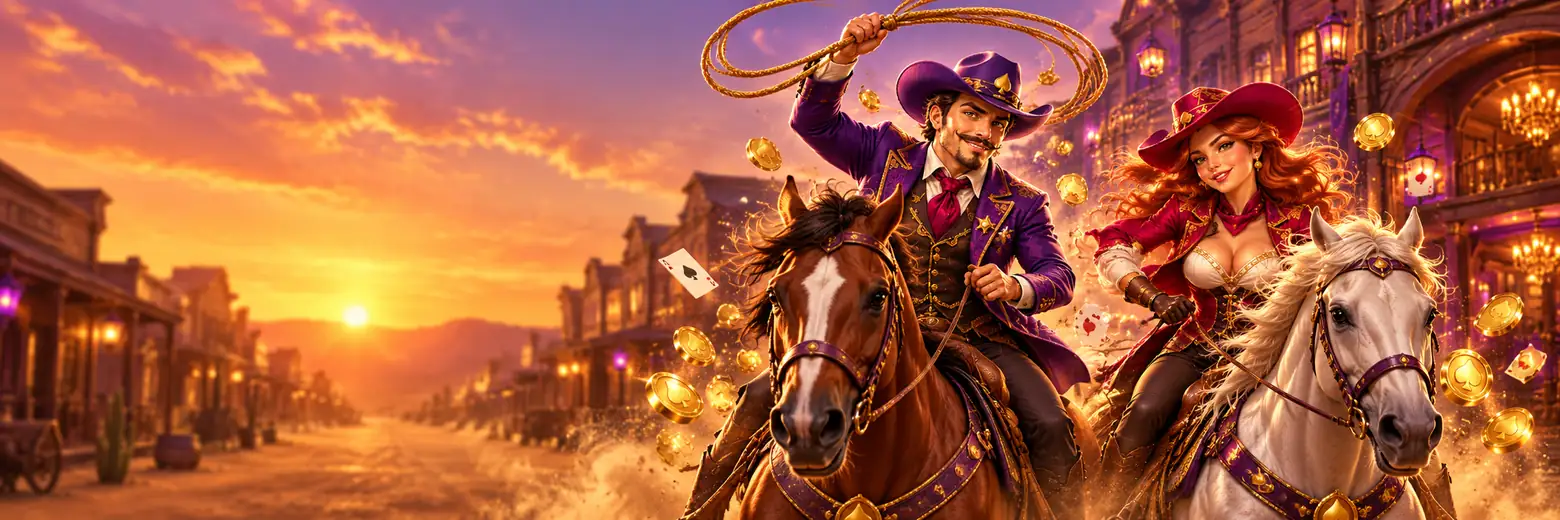 Cowboy swinging a lasso and cowgirl galloping on horseback down a frontier street at sunset with gold coins in their wake