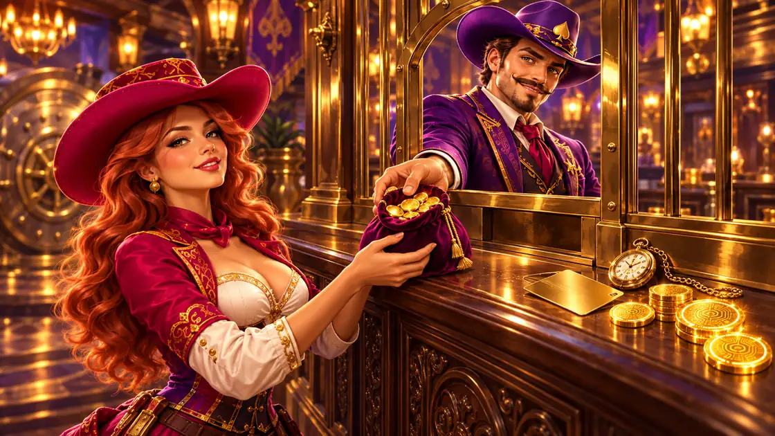 Cowgirl taking a velvet pouch of gold coins from the cowboy at a brass bank cashier window beside a pocket watch