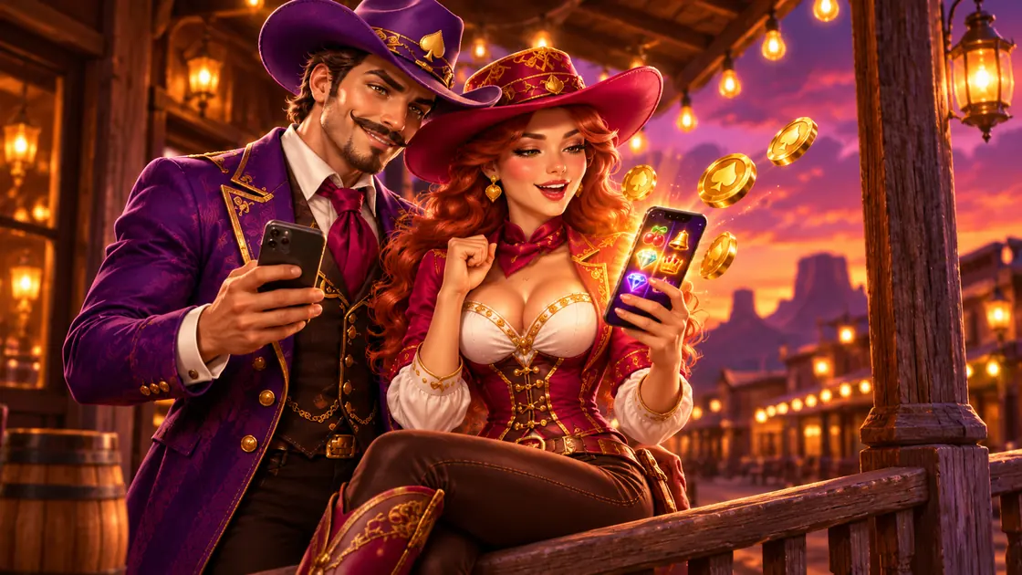 Cowgirl cheering at slot reels on her smartphone on a saloon porch at sunset while the cowboy checks his own phone