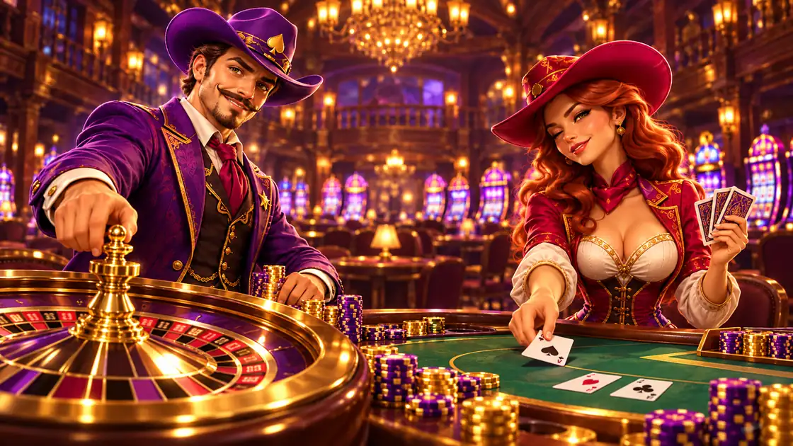 Cowboy spinning a gold roulette wheel while the cowgirl deals blackjack cards on green felt in a saloon full of slot machines
