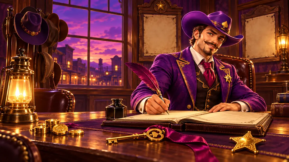 Cowboy signing a leather ledger with a quill at a sheriff office desk with a golden key and a star badge