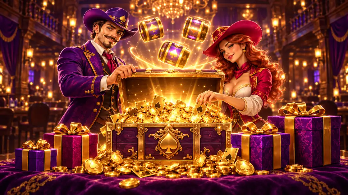 Cowboy and cowgirl opening a treasure chest full of gold coins and cards, surrounded by four gift boxes and floating golden reels
