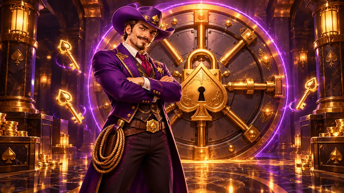 Cowboy with arms crossed guarding a round vault door sealed by a golden spade-shaped padlock
