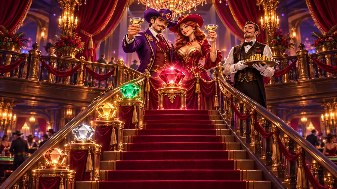 Cowboy and cowgirl raising champagne at the top of a red-carpet staircase lined with five glowing gems from copper to ruby